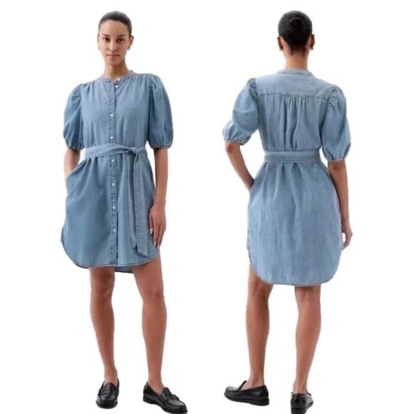 Gap chambray poof sleeved midi dress with pockets eUC size L - Picture 1 of 12